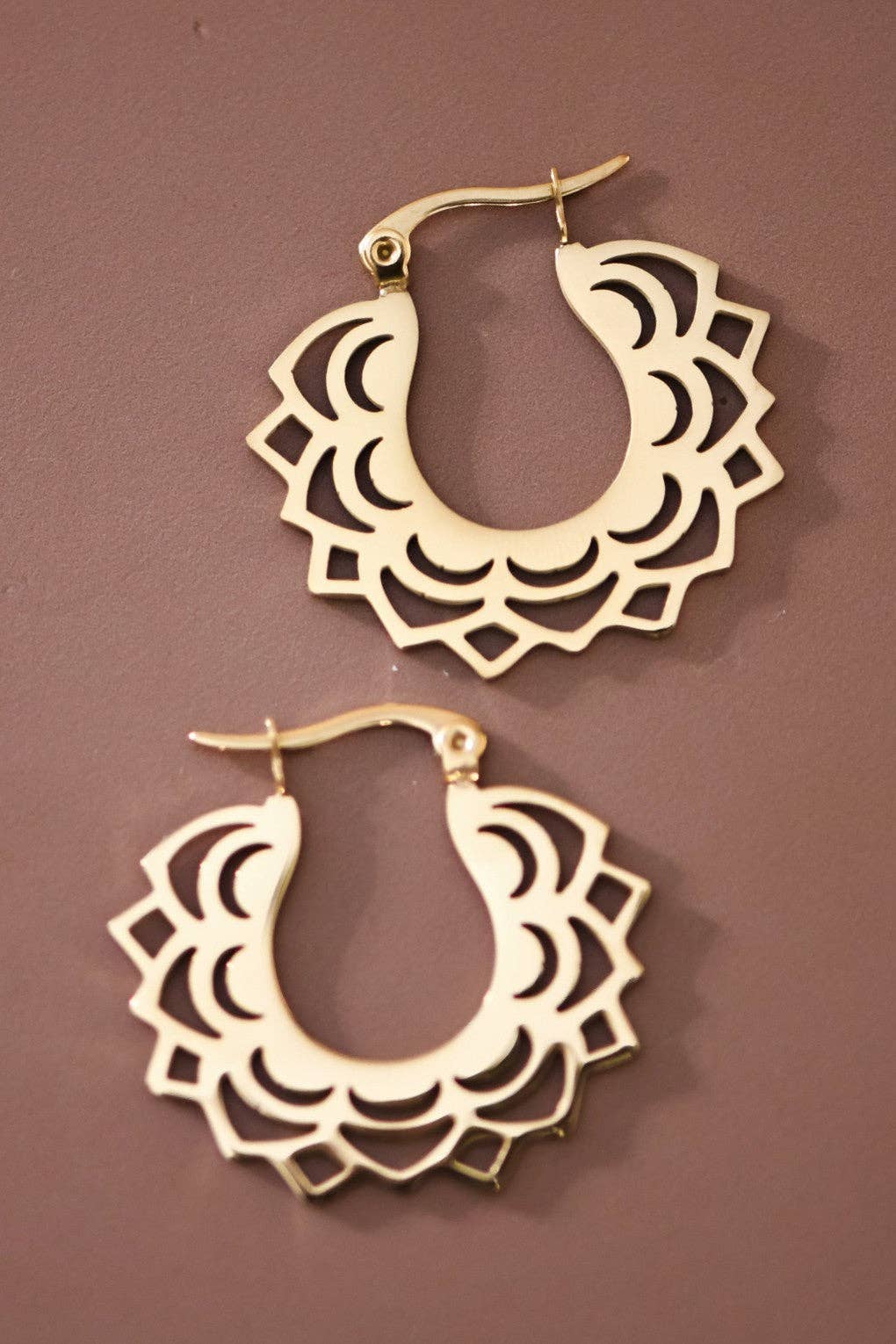 Paw Drazzel Boutique Women's Jewelry, 18K Gold Plated, Waterproof Stainless Steel, Hypoallergenic, Mandala Cutout Hoop Earrings