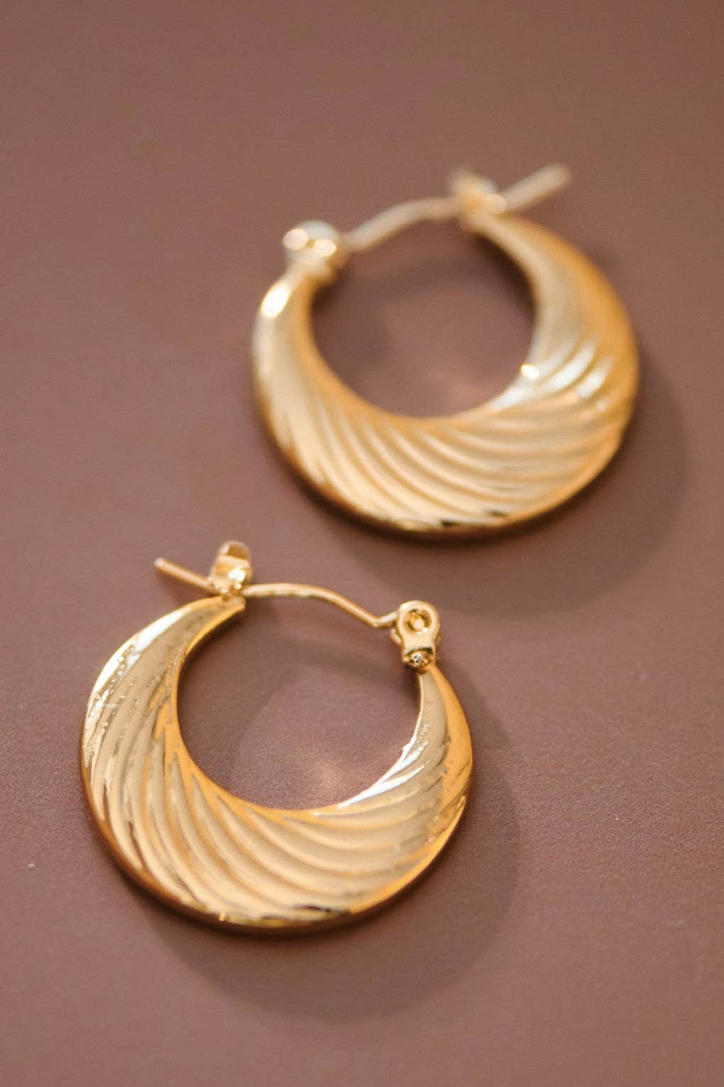 Paw Drazzel Boutique Women's Jewelry, 18K Gold Plated, Waterproof Stainless Steel, Textured, Croissant Crescent Hoop Earrings