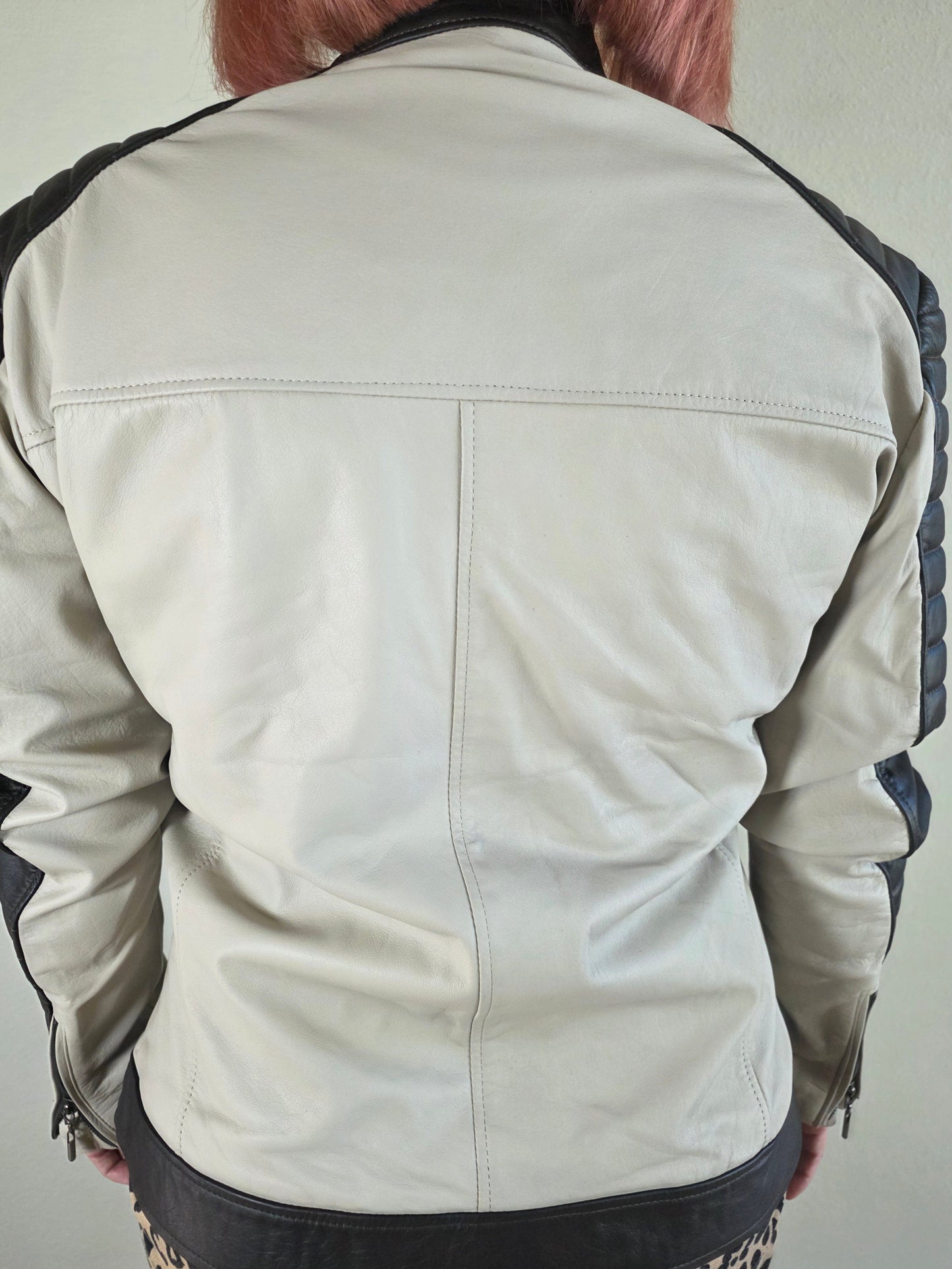 Paw Drazzel Boutique Women's Two-Tone, Zip-Up, Napa Leather Café Racer Jacket