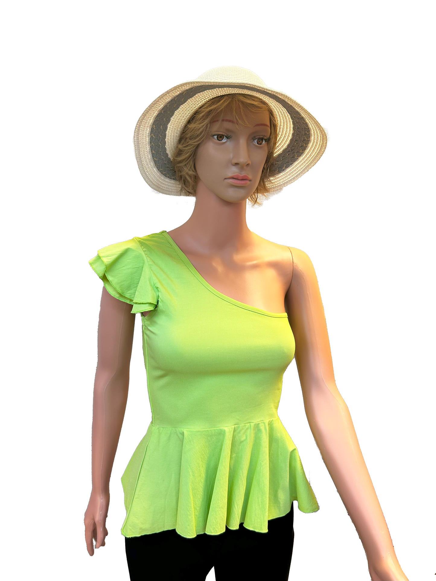 Paw Drazzel Boutique Women's Casualwear, Asymmetrical Shoulder, Ruffle Cap Sleeve Blouse