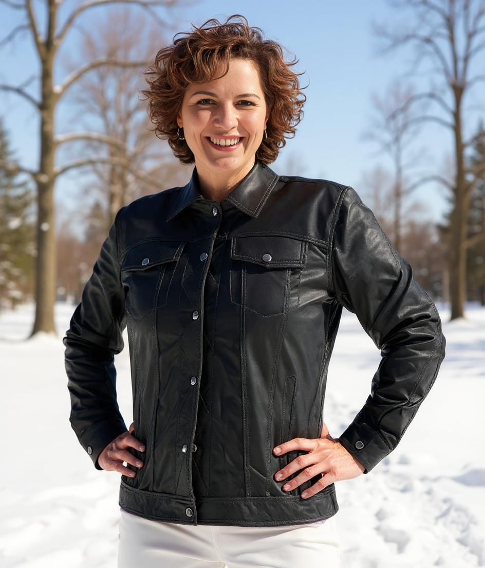 Paw Drazzel Boutique Women's Black Fitted, Snap-Front, Trucker Napa Leather Jacket