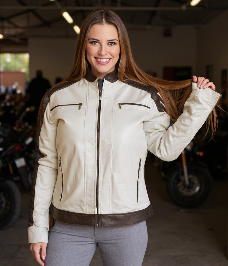 Paw Drazzel Boutique Women's Two-Tone, Zip-Up, Napa Leather Café Racer Jacket