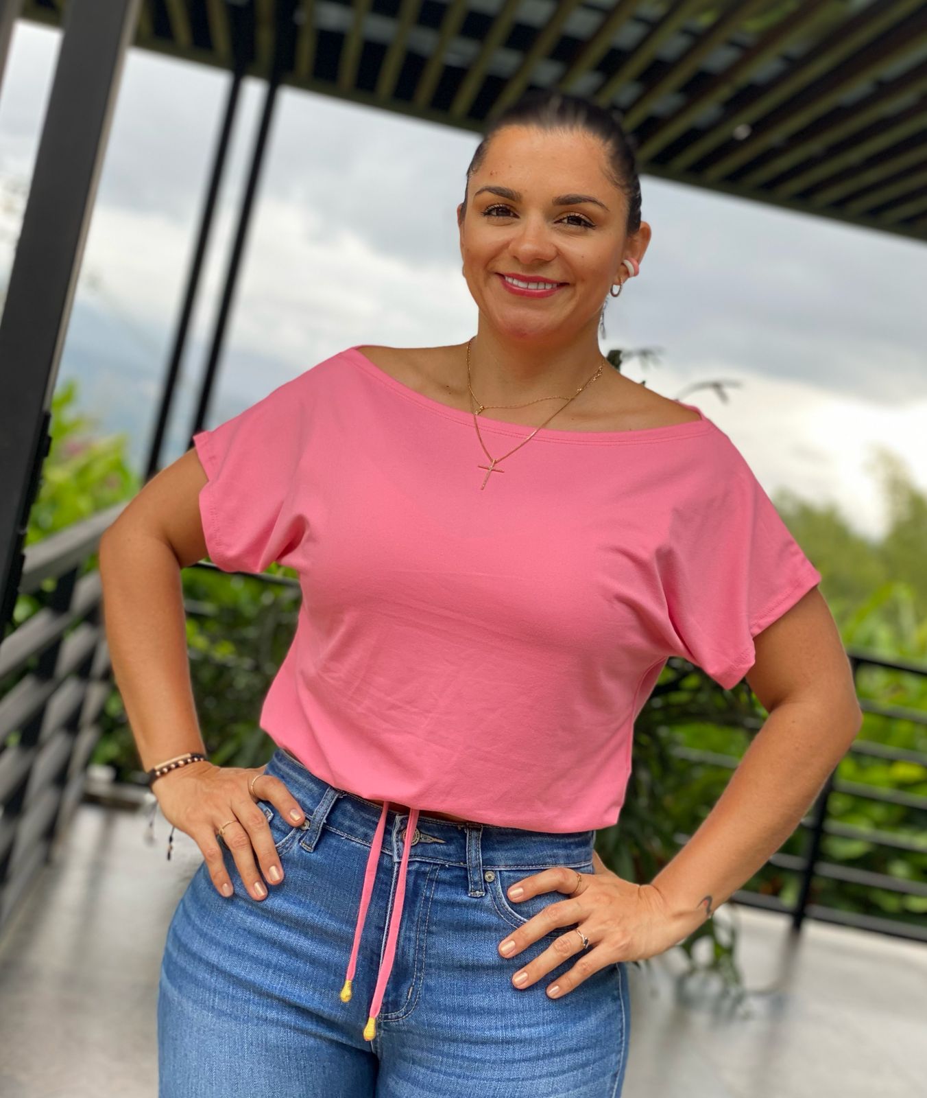 Paw Drazzel Boutique Women's Casualwear, Open Shoulder, Short Sleeve, Round Wide Neck Blouse