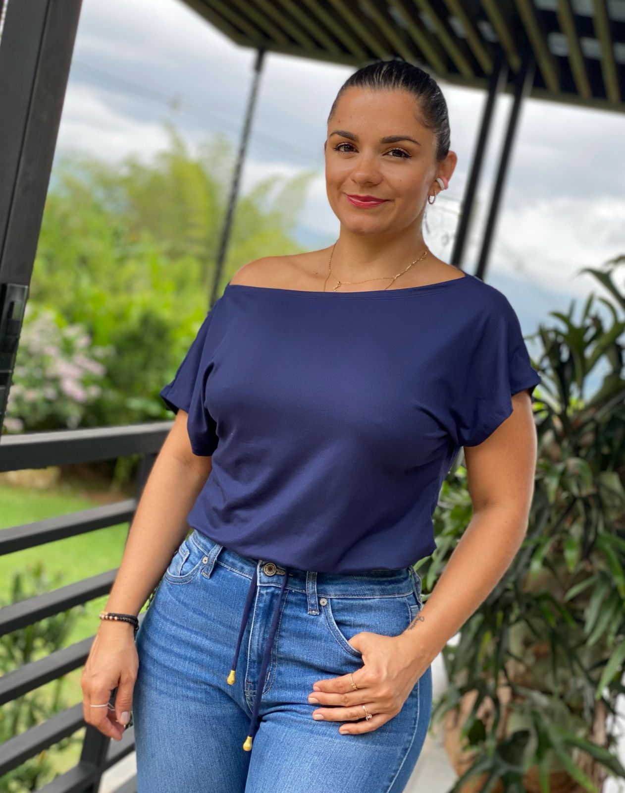 Paw Drazzel Boutique Women's Casualwear, Open Shoulder, Short Sleeve, Round Wide Neck Blouse