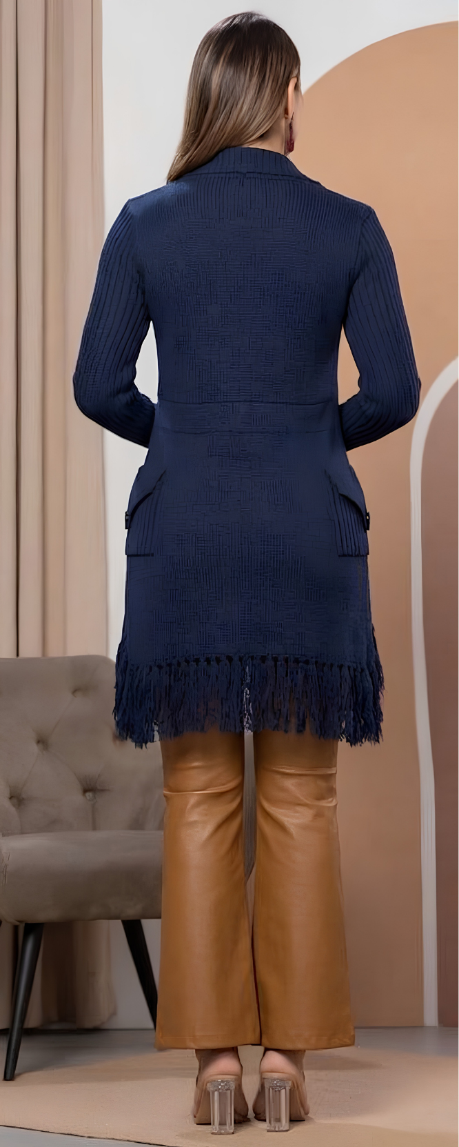Paw Drazzel Boutique Women's Casualwear, Open-Front Fringe Knit Cardigan, Long Sleeve Sweater Jacket, Boho Ribbed Duster Coat