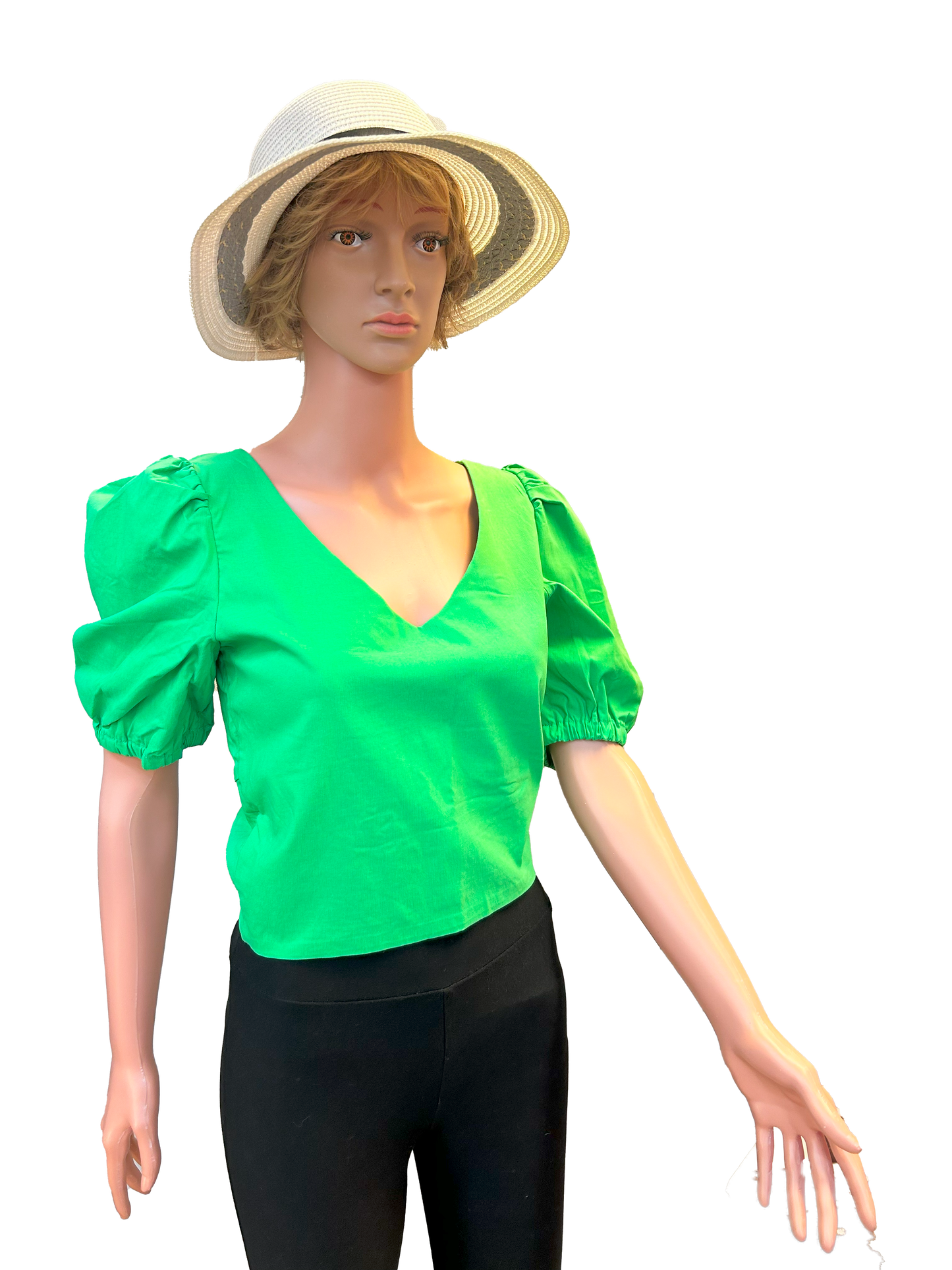 Paw Drazzel Boutique Women's, Casualwear, Semi-Puffed Shoulder, Short Sleeve, Double Back Tie-Down Blouse