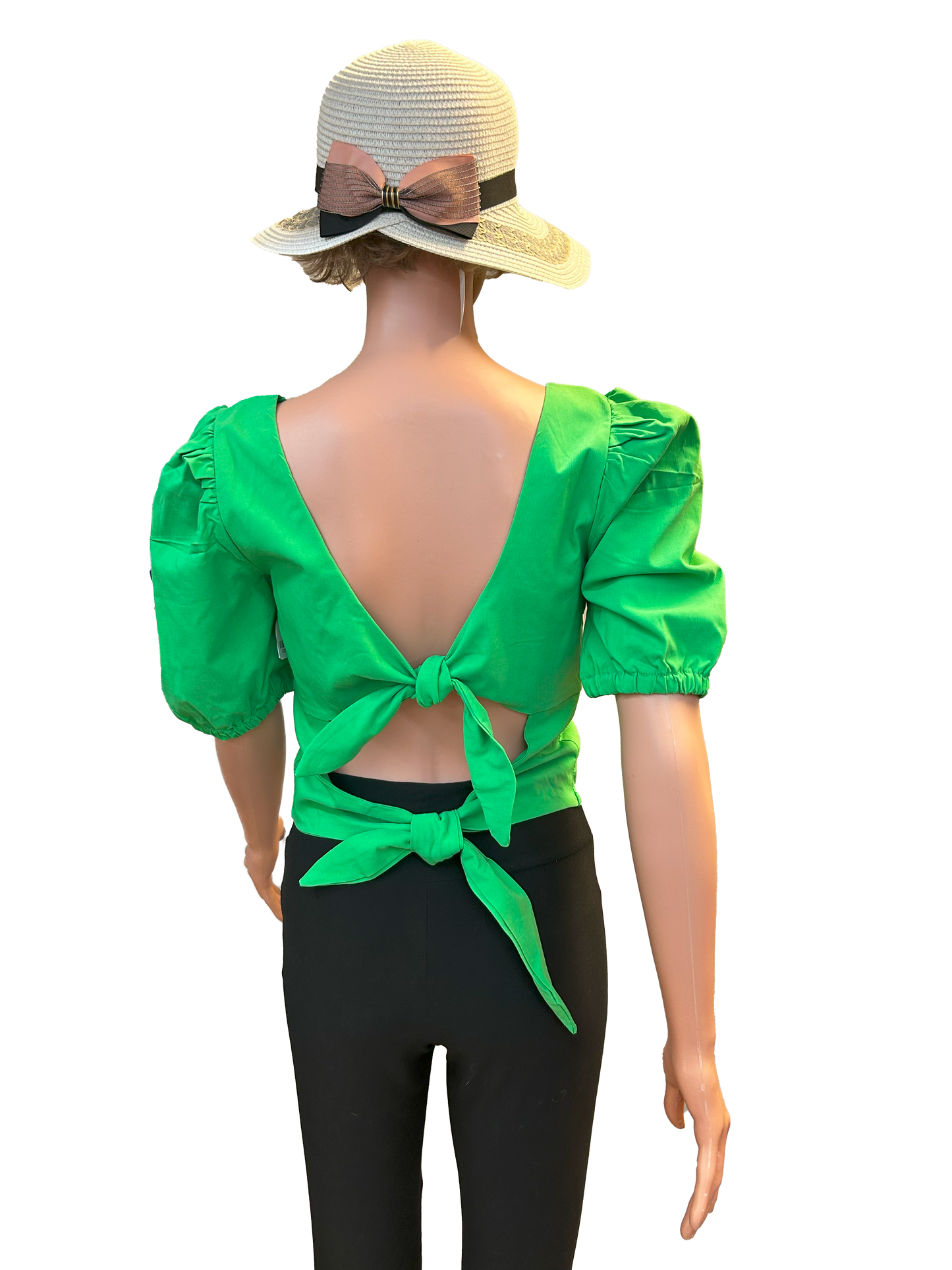 Paw Drazzel Boutique Women's, Casualwear, Semi-Puffed Shoulder, Short Sleeve, Double Back Tie-Down Blouse