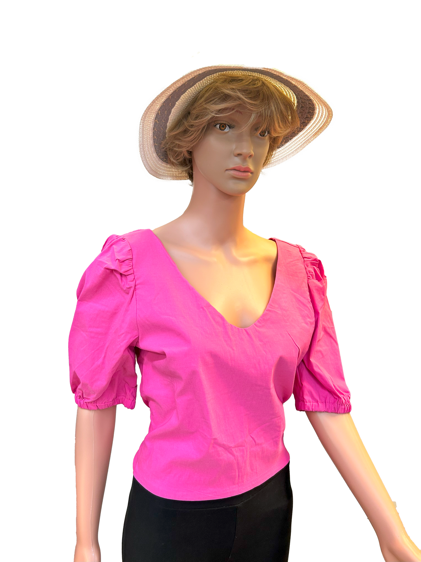 Paw Drazzel Boutique Women's, Casualwear, Semi-Puffed Shoulder, Short Sleeve, Double Back Tie-Down Blouse