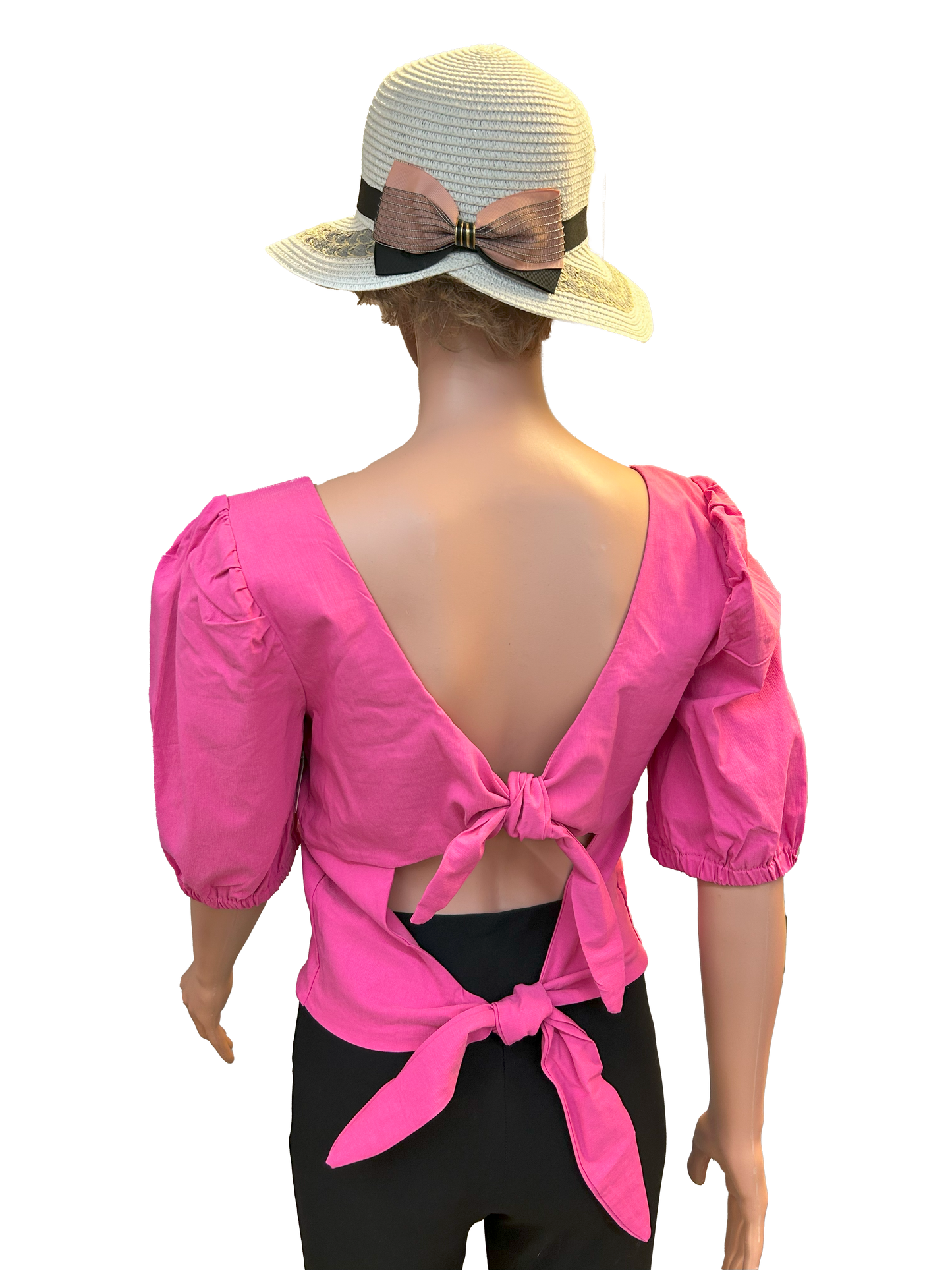 Paw Drazzel Boutique Women's, Casualwear, Semi-Puffed Shoulder, Short Sleeve, Double Back Tie-Down Blouse