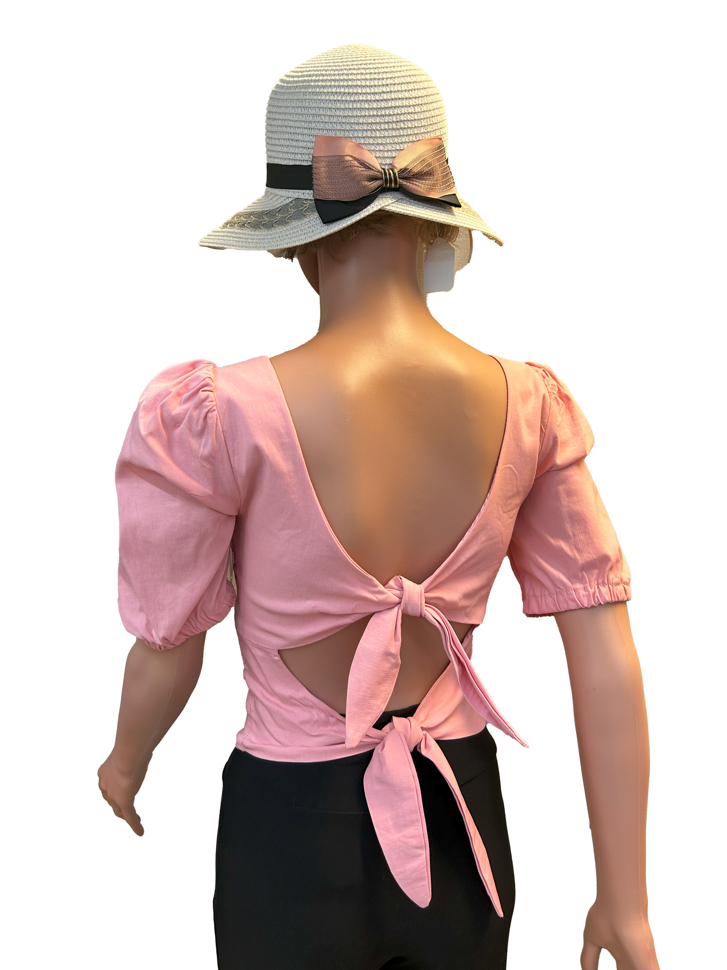 Paw Drazzel Boutique Women's, Casualwear, Semi-Puffed Shoulder, Short Sleeve, Double Back Tie-Down Blouse