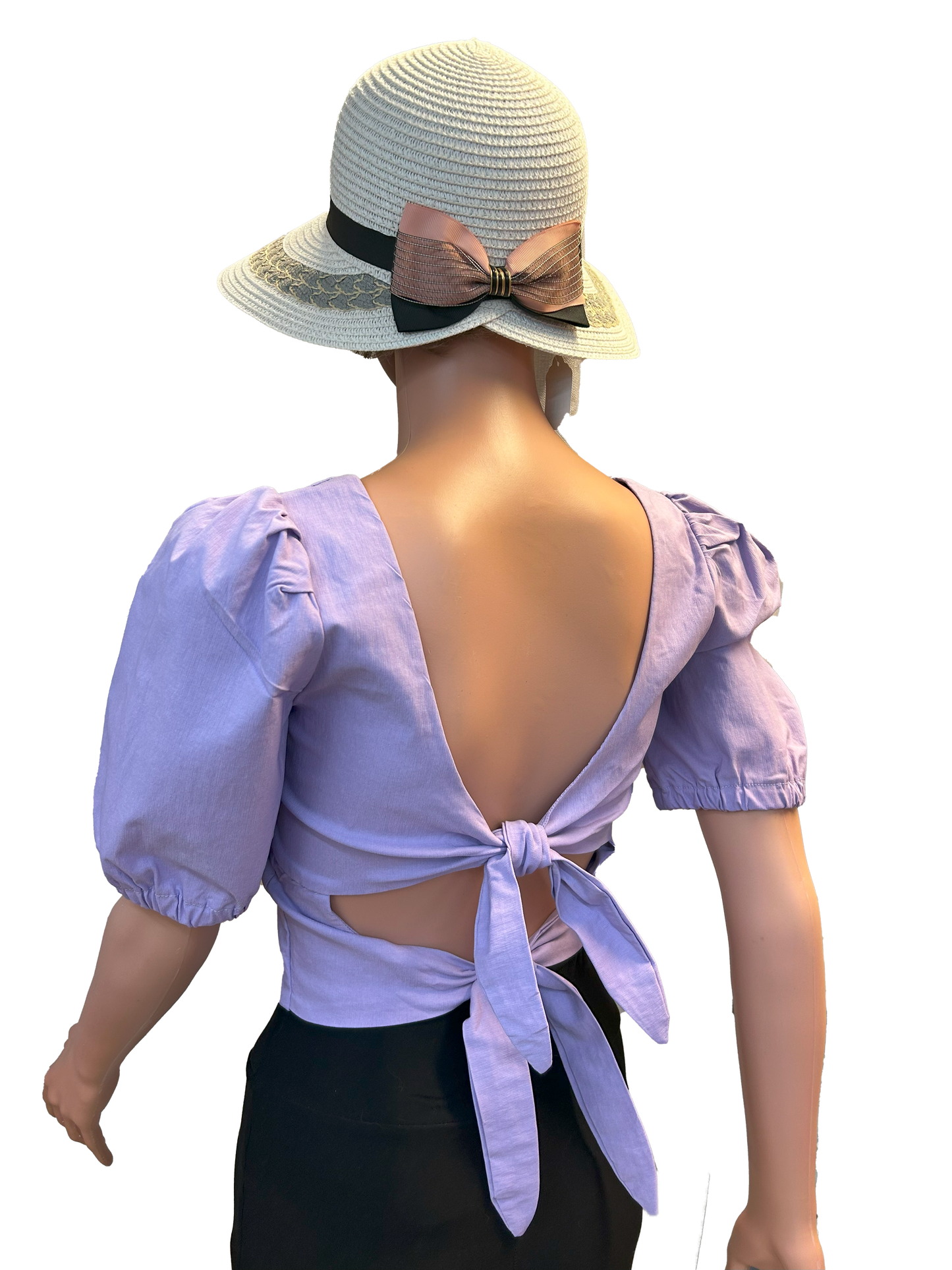 Paw Drazzel Boutique Women's, Casualwear, Semi-Puffed Shoulder, Short Sleeve, Double Back Tie-Down Blouse