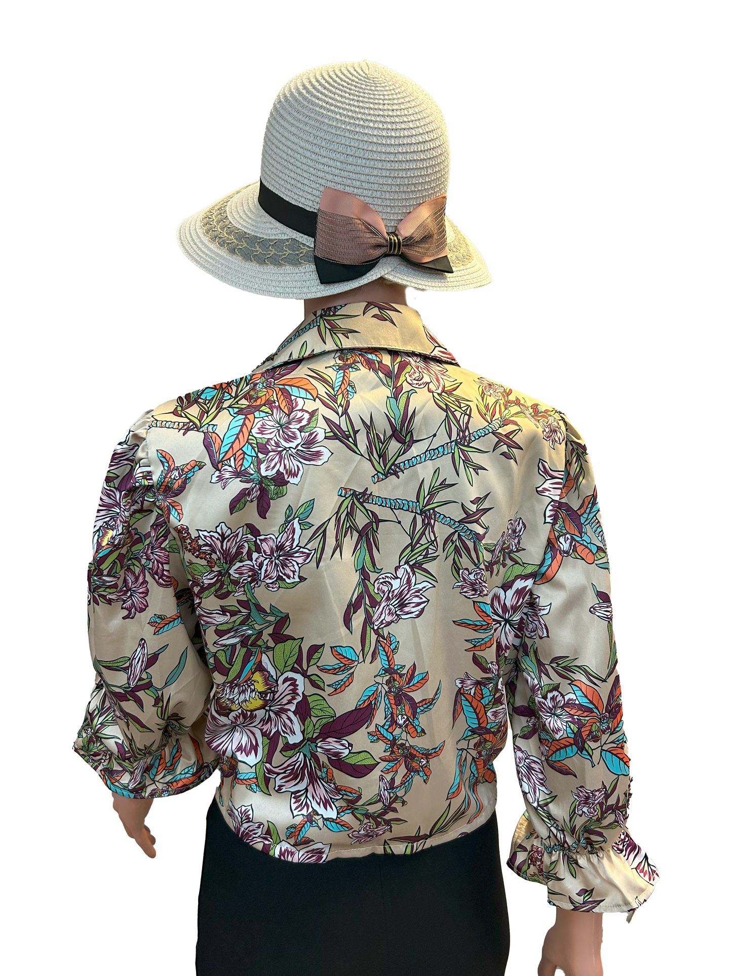 Paw Drazzel Boutique Women's Casualwear, Full Shoulder, Long Sleeve, V Neck, Front Tie Satin Blouse