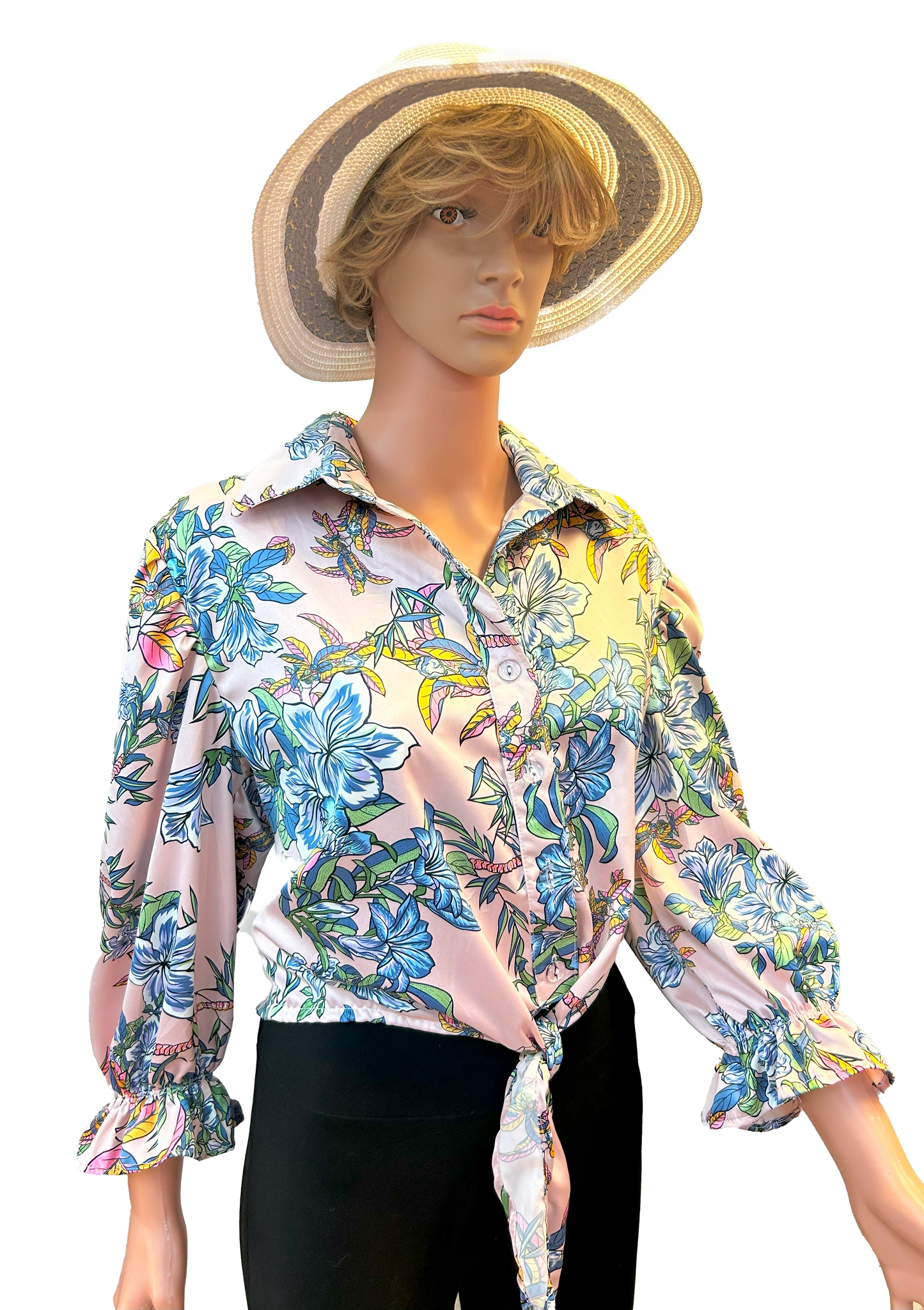 Paw Drazzel Boutique Women's Casualwear, Full Shoulder, Long Sleeve, V Neck, Front Tie Satin Blouse