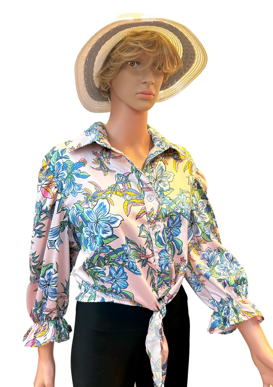 Paw Drazzel Boutique Women's Casualwear, Full Shoulder, Long Sleeve, V Neck, Front Tie Satin Blouse