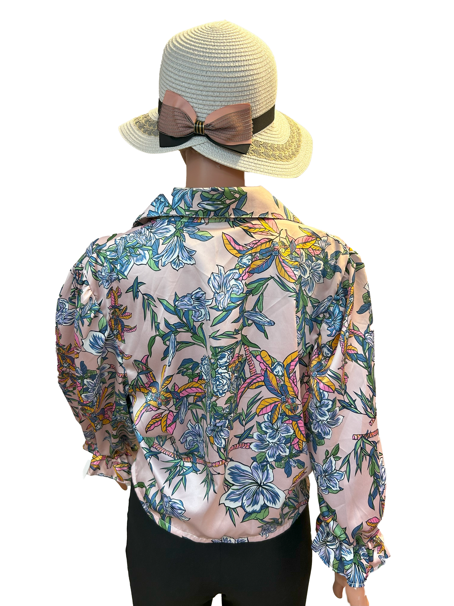 Paw Drazzel Boutique Women's Casualwear, Full Shoulder, Long Sleeve, V Neck, Front Tie Satin Blouse