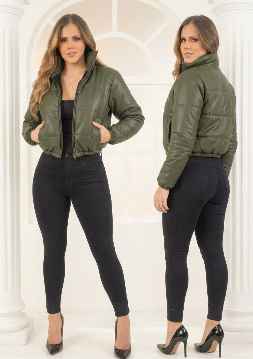 Paw Drazzel Boutique Women's Cropped Puffer Jacket, Stand Collar Quilted Bomber Coat, Zip-Up Outerwear