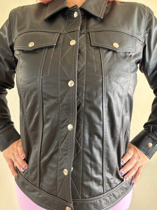 Paw Drazzel Boutique Women's Black Fitted, Snap-Front, Trucker Napa Leather Jacket