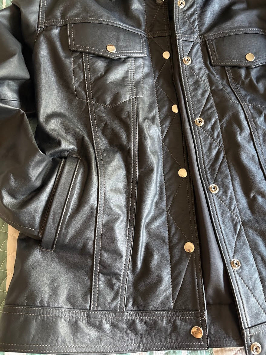 Paw Drazzel Boutique Women's Black Fitted, Snap-Front, Trucker Napa Leather Jacket