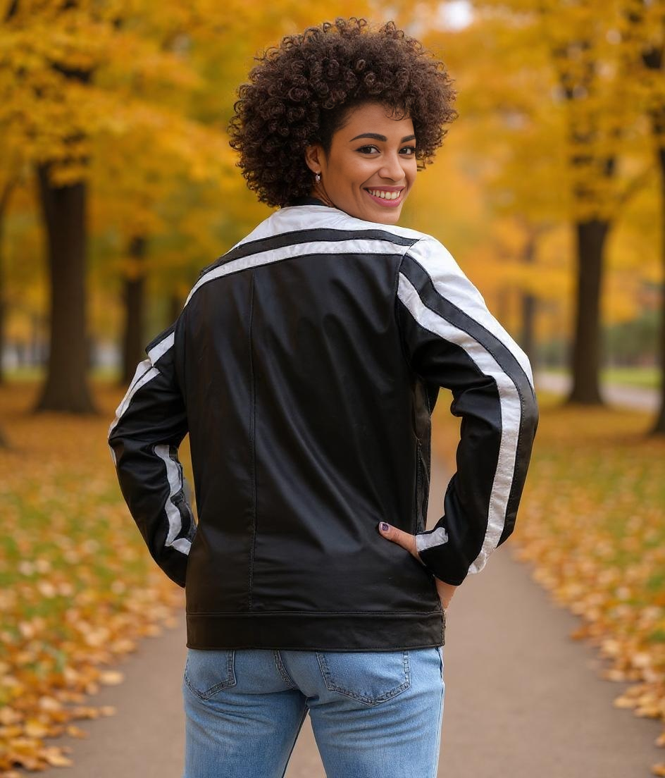 Paw Drazzel Boutique Women's Black and White, Starred, Zip-up, Goatskin, Cafe Racer Jacket