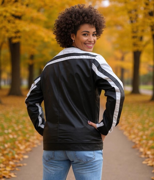 Paw Drazzel Boutique Women's Black and White, Starred, Zip-up, Goatskin, Cafe Racer Jacket