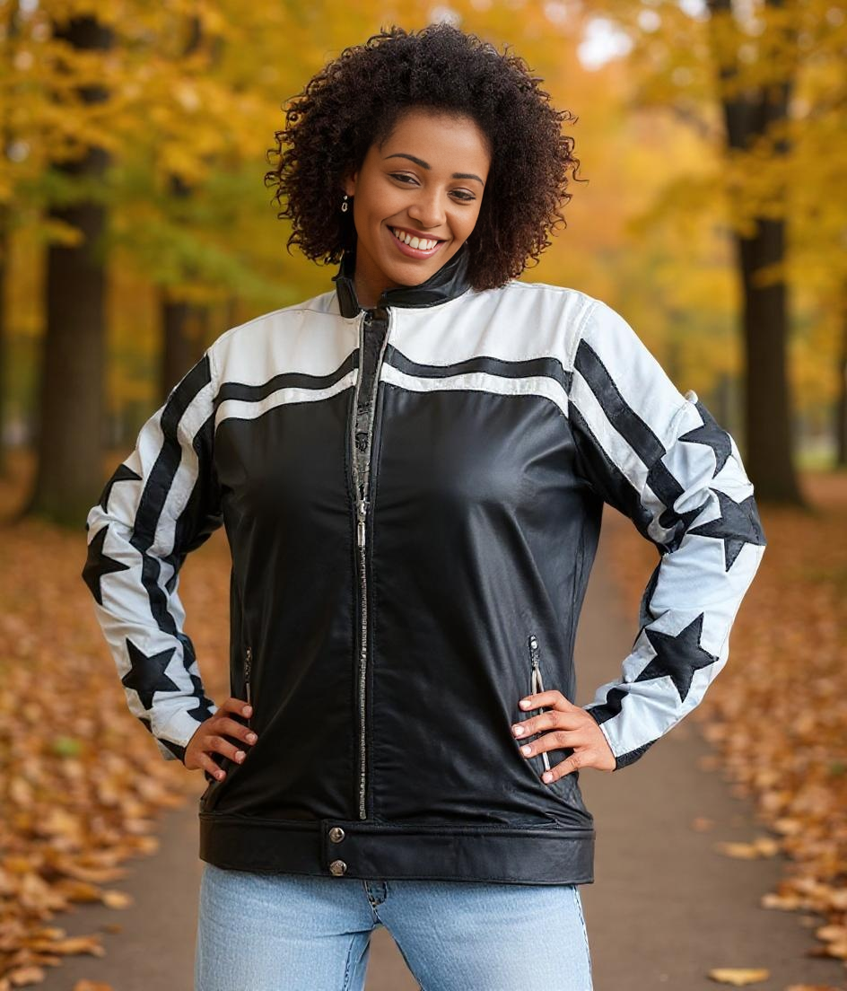 Paw Drazzel Boutique Women's Black and White, Starred, Zip-up, Goatskin, Cafe Racer Jacket