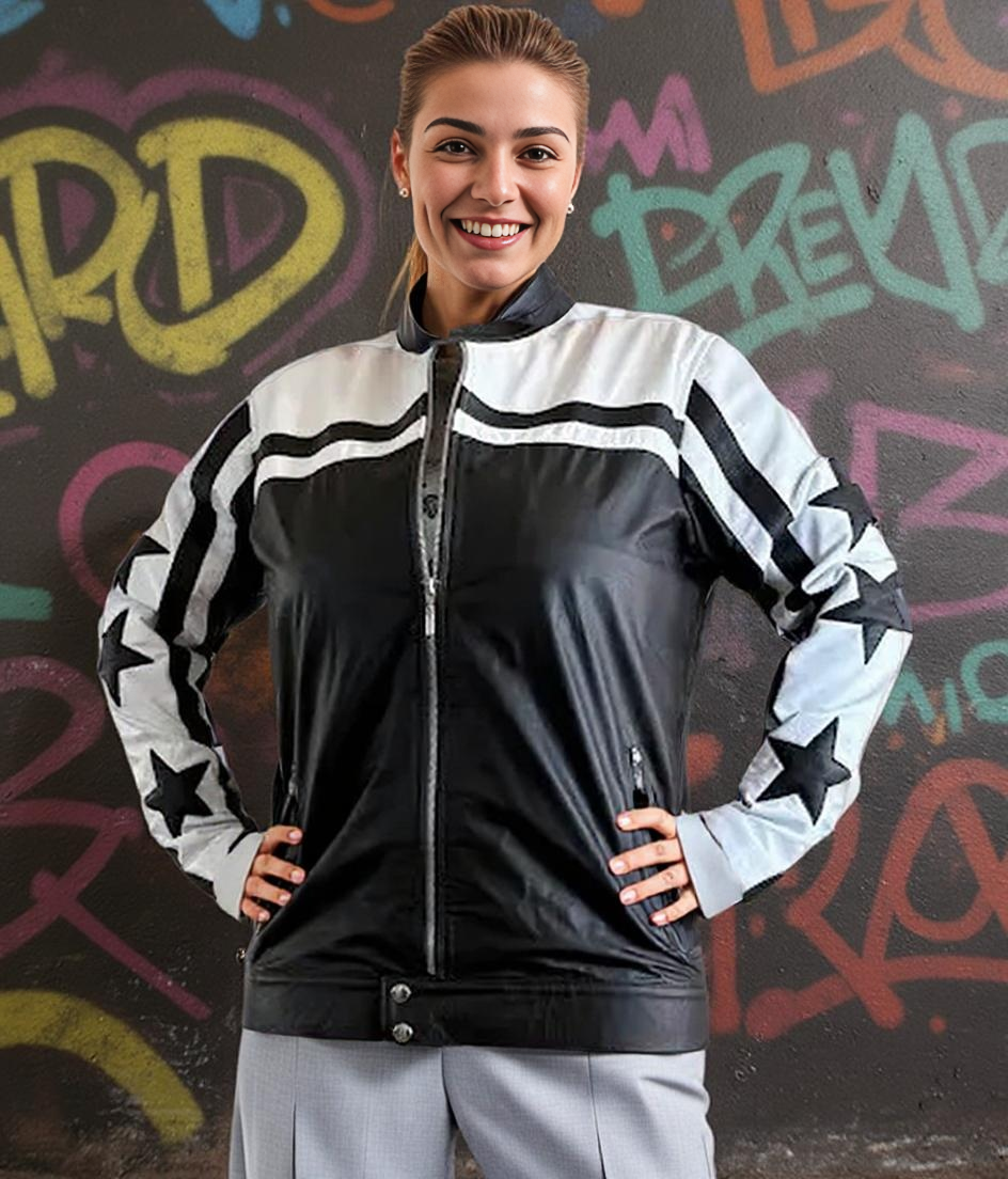 Paw Drazzel Boutique Women's Black and White, Starred, Zip-up, Goatskin, Cafe Racer Jacket