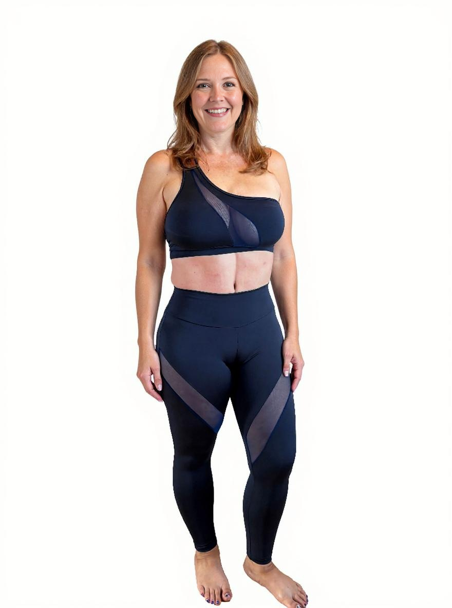 Paw Drazzel Boutique Women's Athletic Wear, Two-Piece, Long-Leg, Over-One-Shoulder Sports Bra, High Waist, Scrunch Booty, Sheer Paneled, Lycra Workout Set