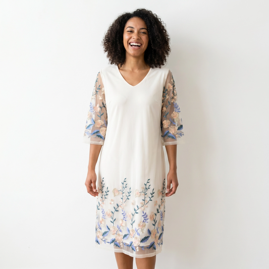 Paw Drazzel Boutique Women's Casualwear, V-Neck, Back Zipper, Three Quarter/Long Sleeve, Straight Waist, Floral Overlay, Embroidered Dress