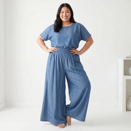 Paw Drazzel Boutique Women's High-Waisted, Straight Wide Leg, Elastic Waist Band, Smooth Front Panel, Side Pockets, Gathered Chambray, Lounge Pants