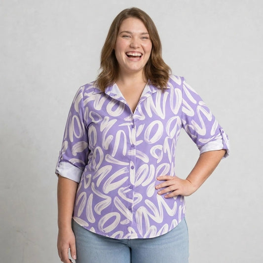 Paw Drazzel Boutique Women's Casualwear, Abstract Wave, Adjustable 3/4 Sleeve, Collared Shirt