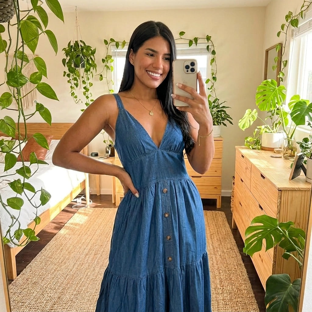 Paw Drazzel Boutique Women's Casualwear, Sleeveless, V-Neck, Button-Front, Smocked Back, Chambray Sundress