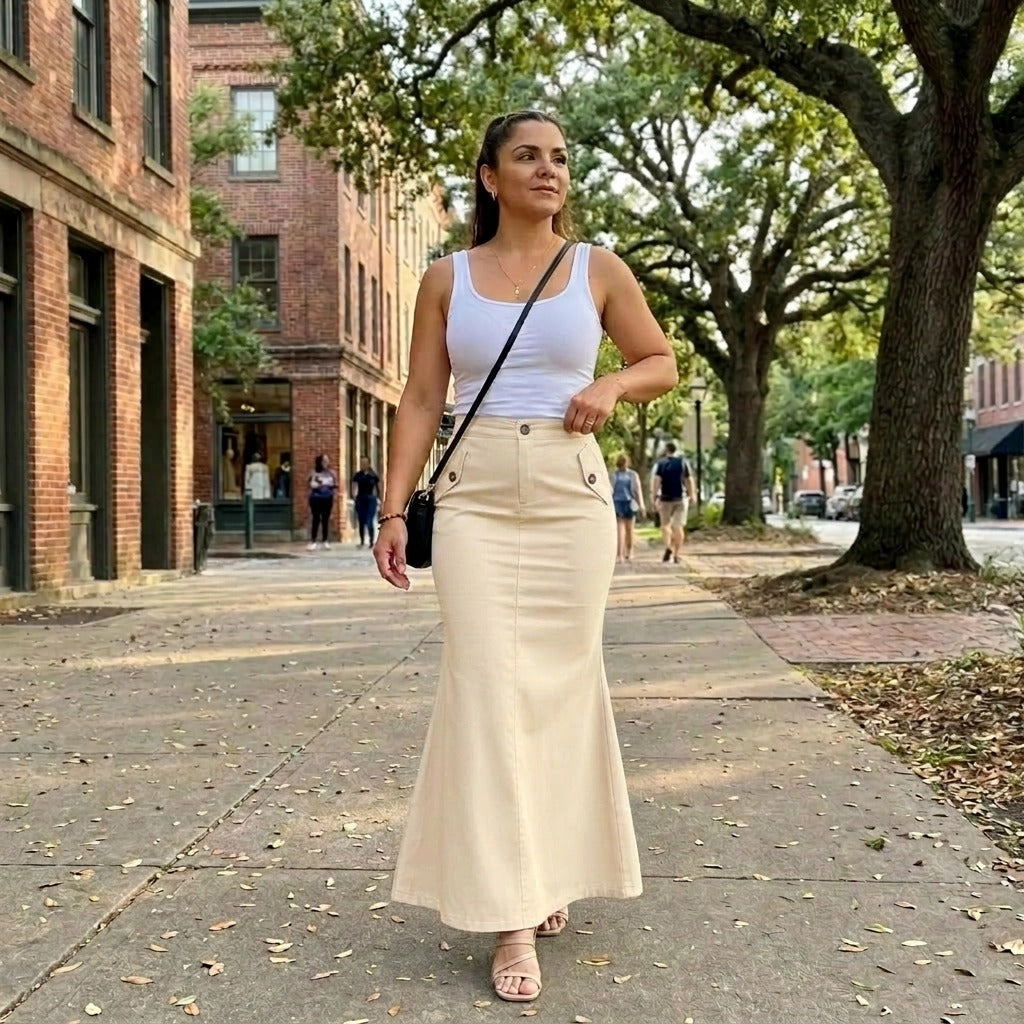 Paw Drazzel Boutique Women's Tailored, High-Waisted, Front Flap Pocket, Back Walking Slit, Maxi Pencil Skirt