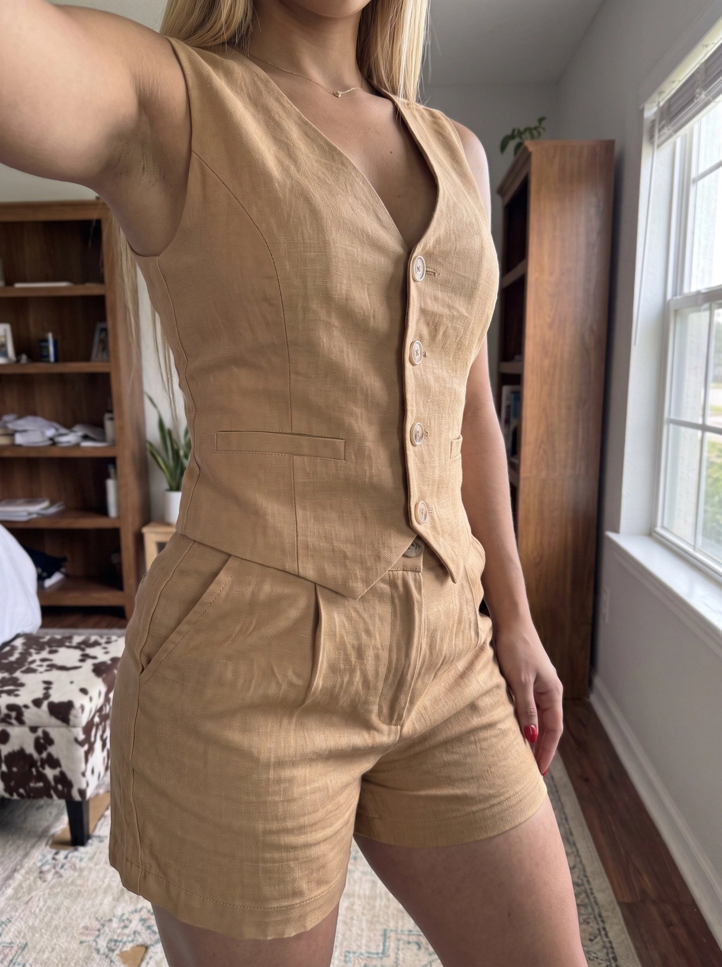 Paw Drazzel Boutique Women's Casualwear, Side Pockets, Linen-Blend, Button-Down Vest and Shorts Co-Ord Set
