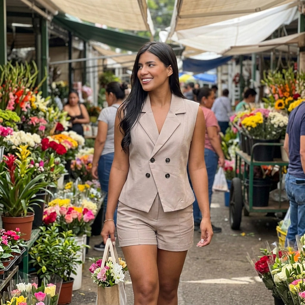 Paw Drazzel Boutique Women's Casualwear, Side Pockets, Double-Breasted, Tailored Vest and Shorts Co-Ord Set