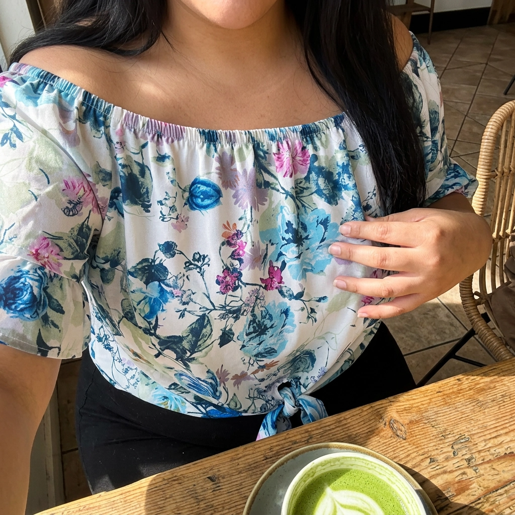 Paw Drazzel Boutique Women's Floral, Off Shoulder, Tie-Front, Elastic Neckline, Short Sleeve Ruffle Top