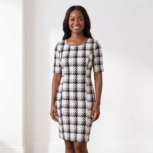 Paw Drazzel Boutique Women's Casualwear, Round Neck, Back Zipper, Short Sleeve, Straight Waist, Houndstooth Trapeze Dress