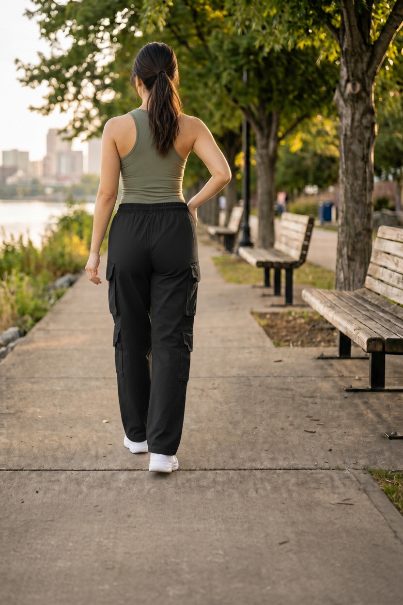 Paw Drazzel Boutique Women's High-Waisted, Straight-leg, Smooth Front Panel, Double Side Pockets, Cargo Pants