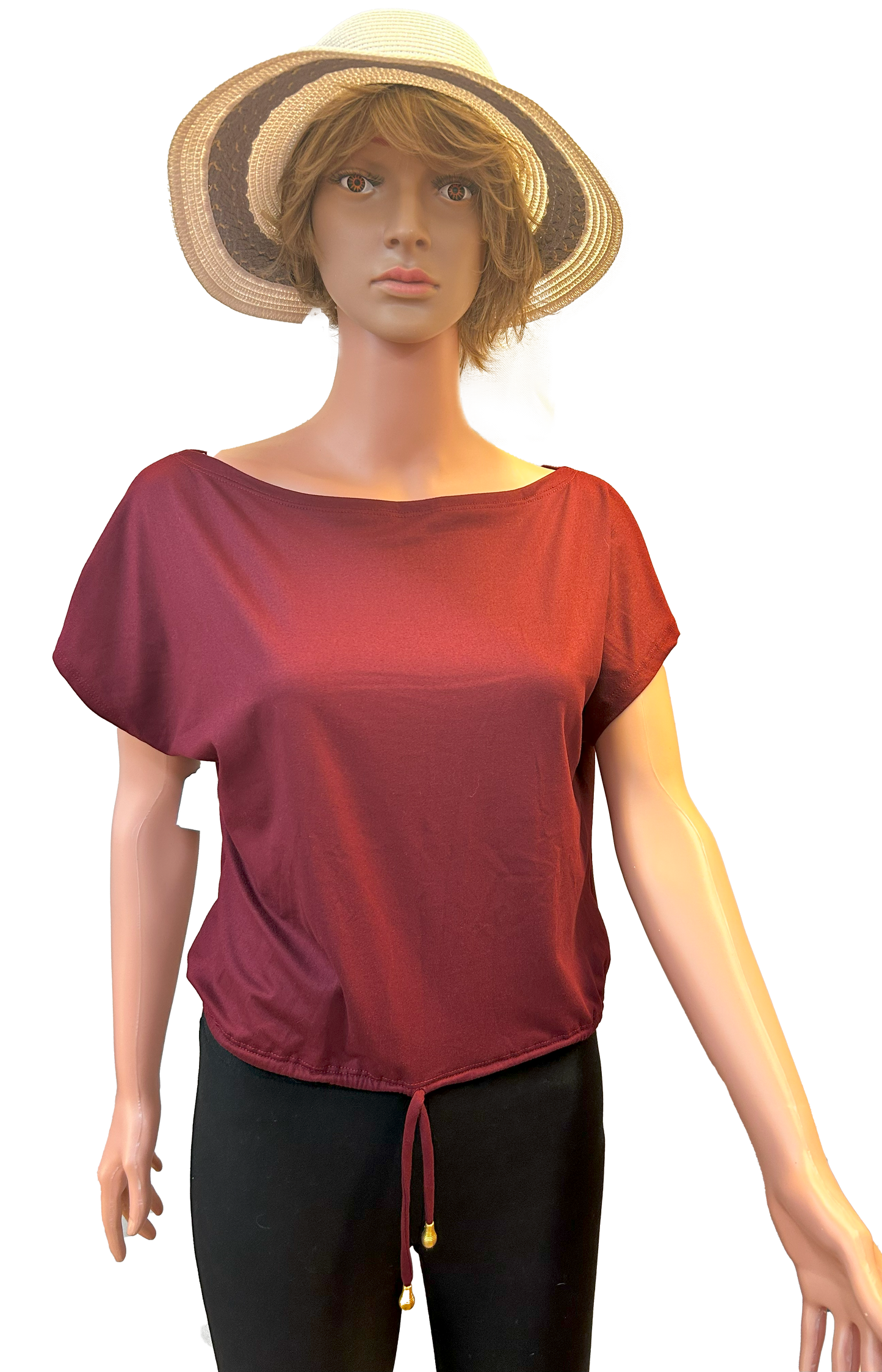 Paw Drazzel Boutique Women's Casualwear, Open Shoulder, Short Sleeve, Round Wide Neck Blouse