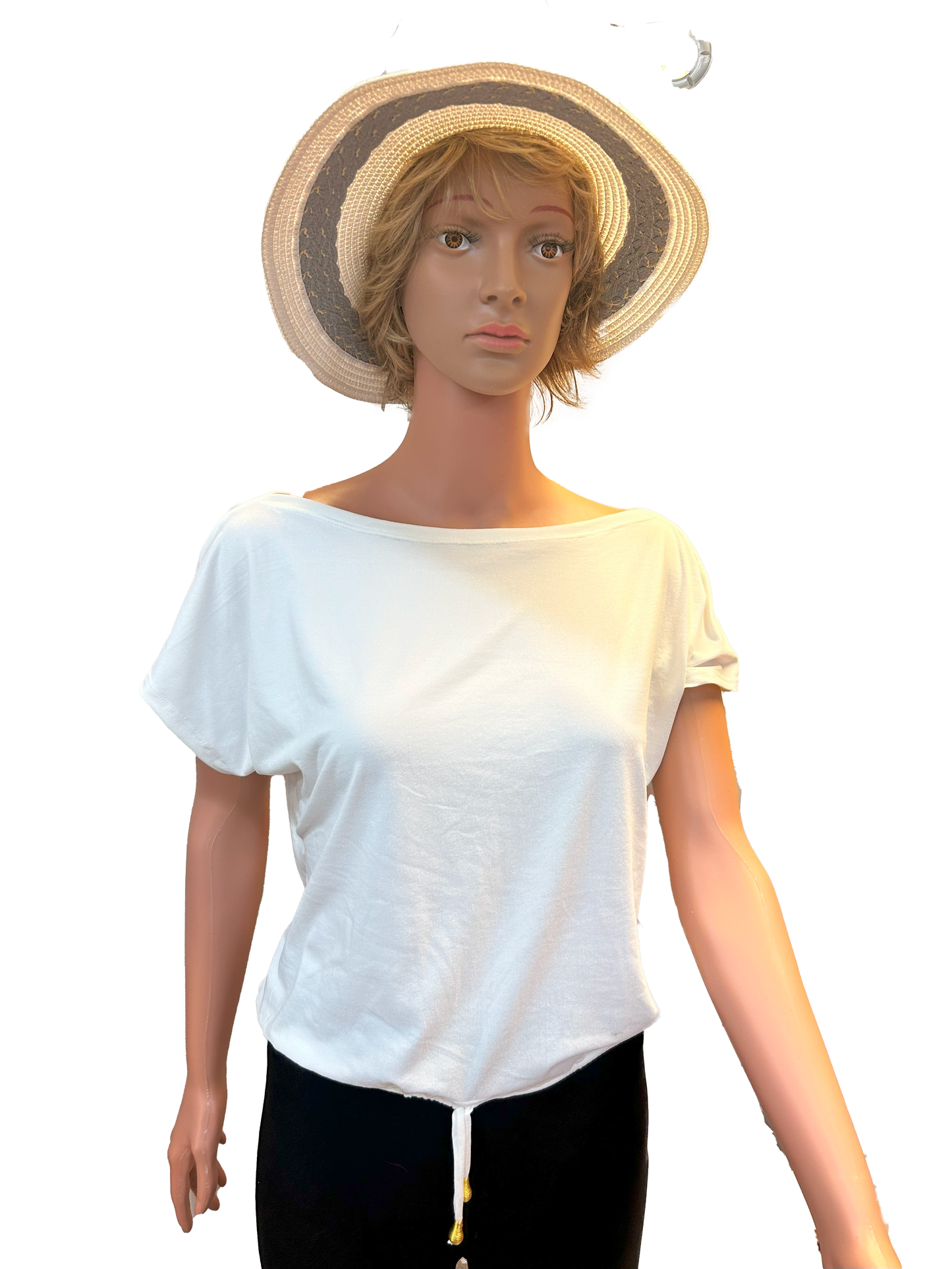 Paw Drazzel Boutique Women's Casualwear, Open Shoulder, Short Sleeve, Round Wide Neck Blouse