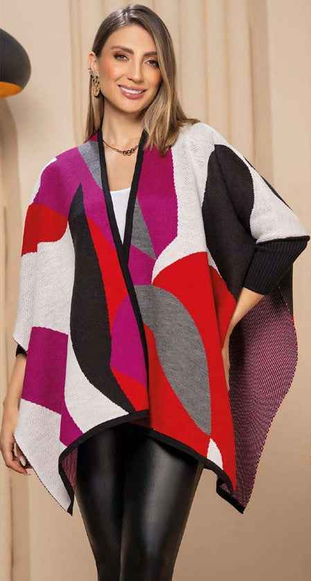 Paw Drazzel Boutique Women's Abstract Geometric Pattern, Oversized Open-Front Cape Wrap, Multicolor Knit Poncho-Ruana.