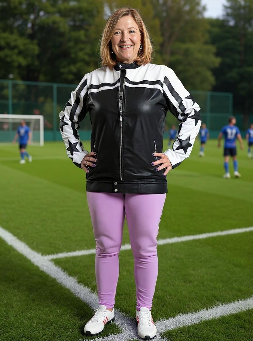 Paw Drazzel Boutique Women's Black and White, Starred, Zip-up, Goatskin, Cafe Racer Jacket