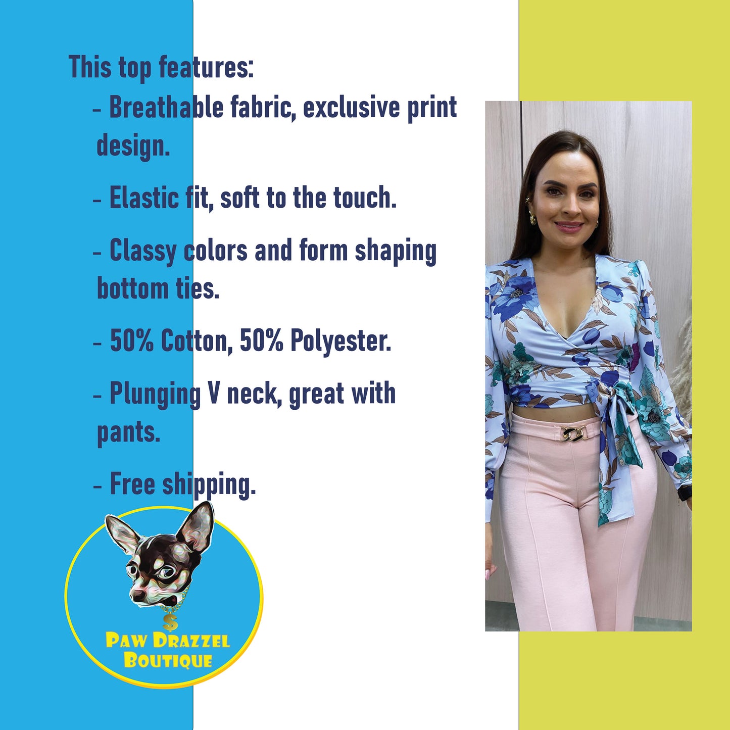 Paw Drazzel Boutique Women's Casualwear, Full Shoulder, Long Sleeve, V Neck, Front Tie Satin Blouse