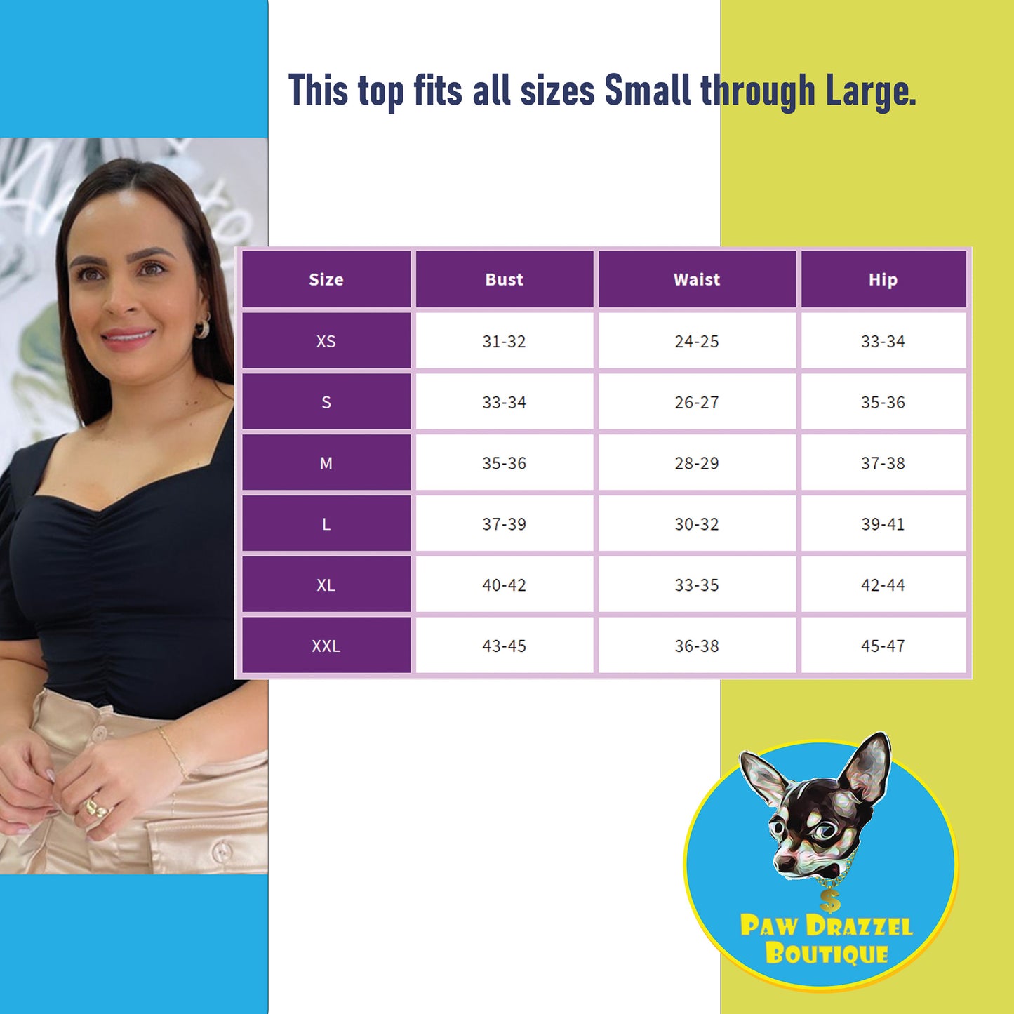 Paw Drazzel Boutique Women's Casualwear, Full Shoulder, Mid-Length Sleeve Tori Blouse