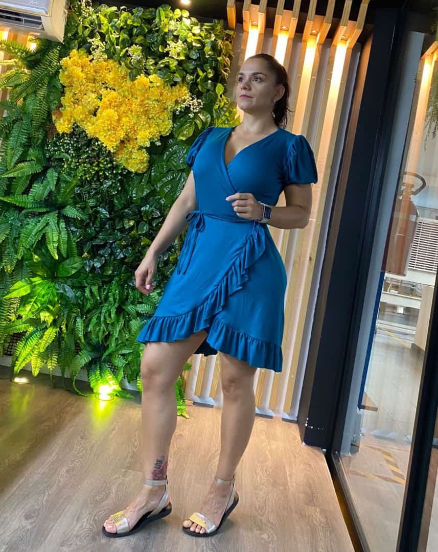 Paw Drazzel Boutique Women's Casualwear, Summer Wear, Full Shoulder, Puffed Sleeve, V Neck Wrap-Around Dress