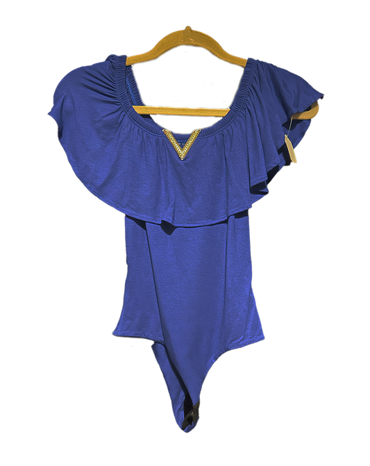 Paw Drazzel Boutique Women's Casualwear, Ruffle off Shoulder, 1/4 Sleeve, Notched Neck Bodysuit