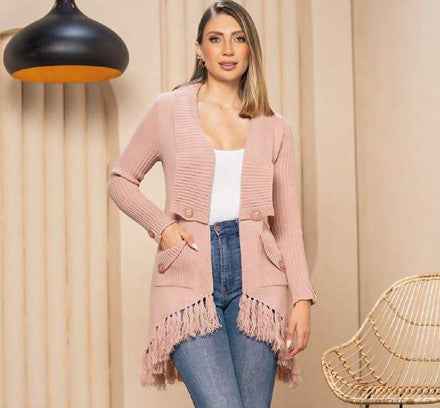 Paw Drazzel Boutique Women's Open-Front Fringe Knit Cardigan, Long Sleeve Sweater Jacket, Boho Ribbed Duster Coat, Casual Outerwear