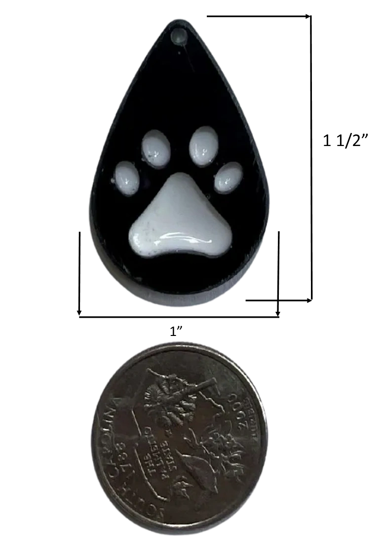 Paw Drazzel Boutique Pet's Small handmade black water drop-shaped charm with white paw