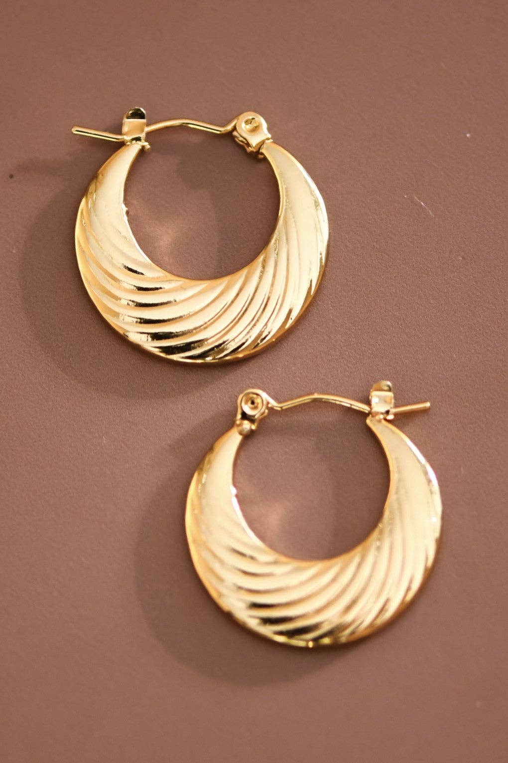 Paw Drazzel Boutique Women's Jewelry, 18K Gold Plated, Waterproof Stainless Steel, Textured, Croissant Crescent Hoop Earrings