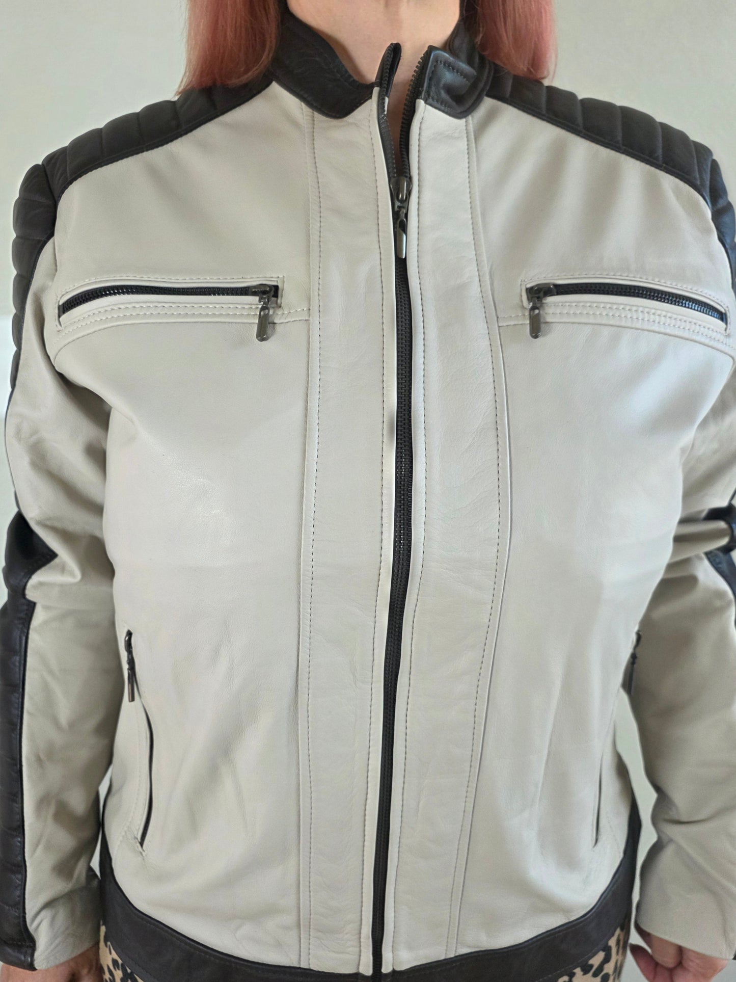 Paw Drazzel Boutique Women's Two-Tone, Zip-Up, Napa Leather Café Racer Jacket