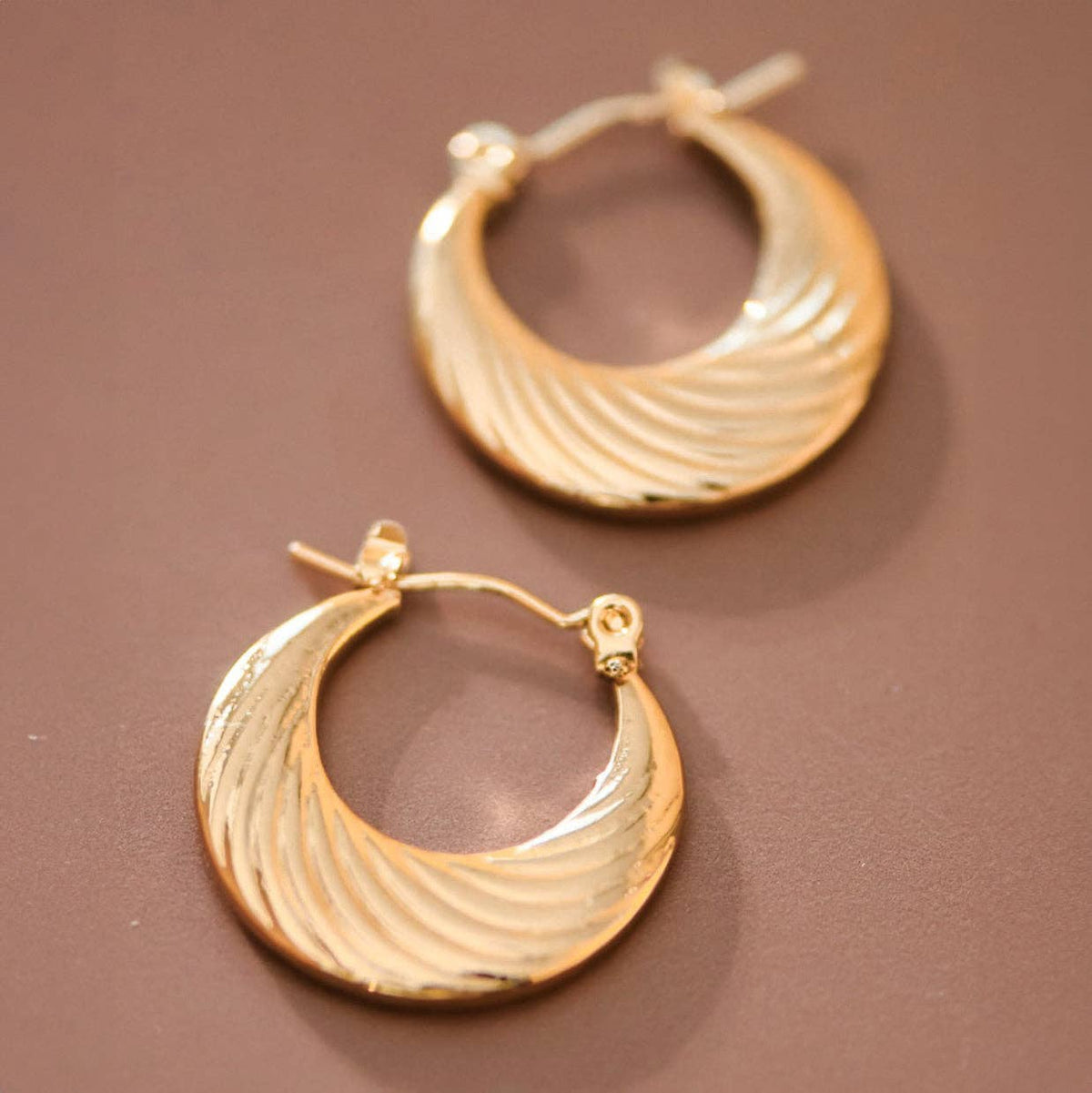 Paw Drazzel Boutique Women's Jewelry, 18K Gold Plated, Waterproof Stainless Steel, Textured, Croissant Crescent Hoop Earrings